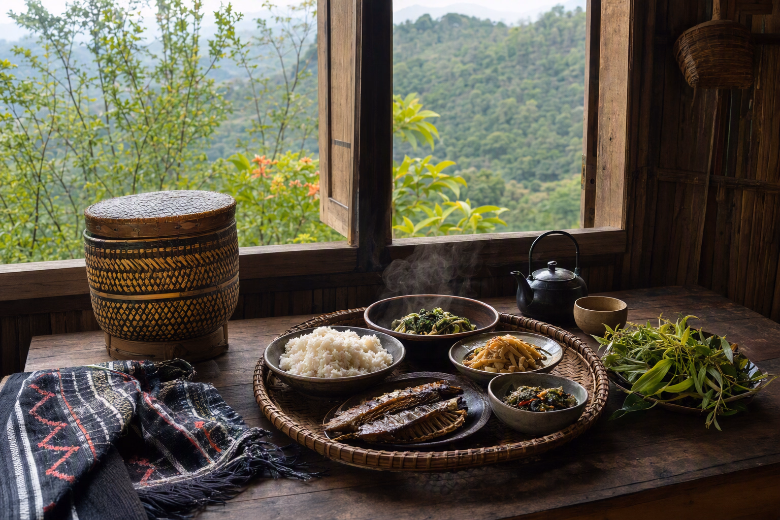 Respectful editorial still life of food and woven craft context