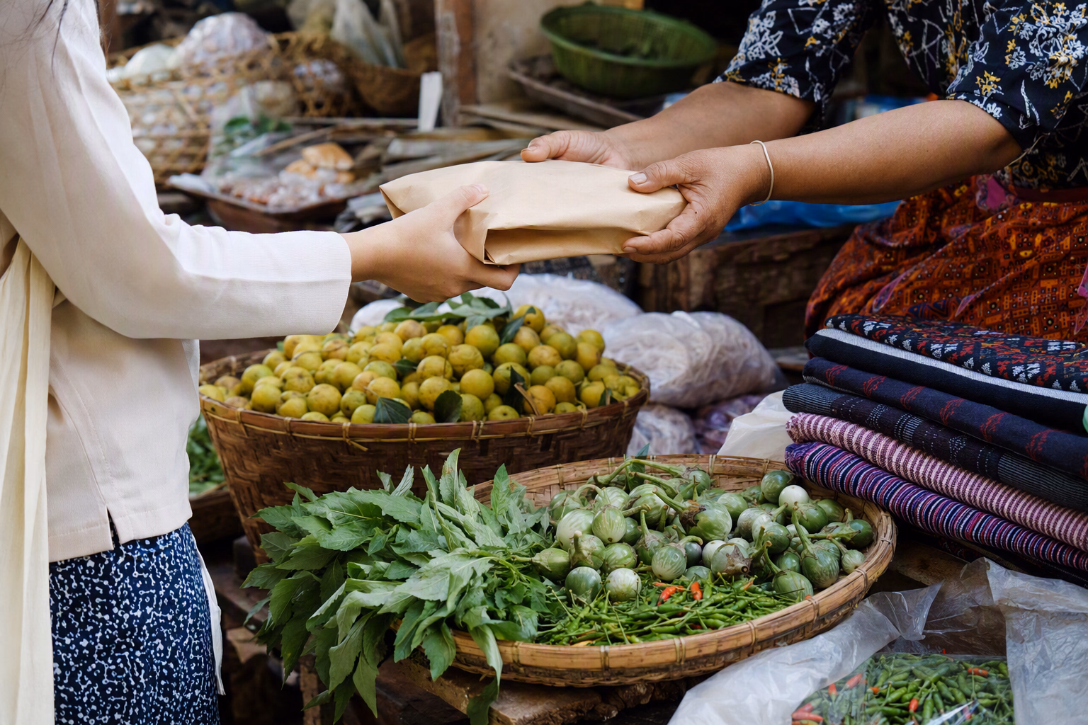 Hands presenting seasonal produce and a woven basket in a market setting