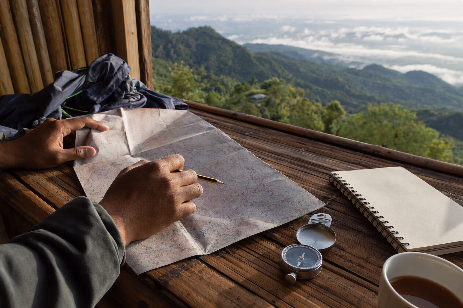 Editorial still life of a contour map, route notes and travel planning tools