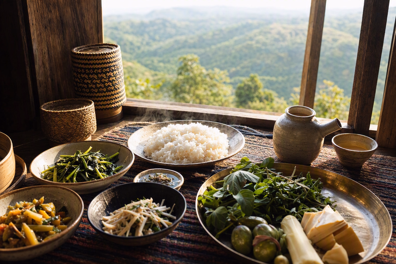 Respectful editorial still life of hill-region food, woven craft and natural materials