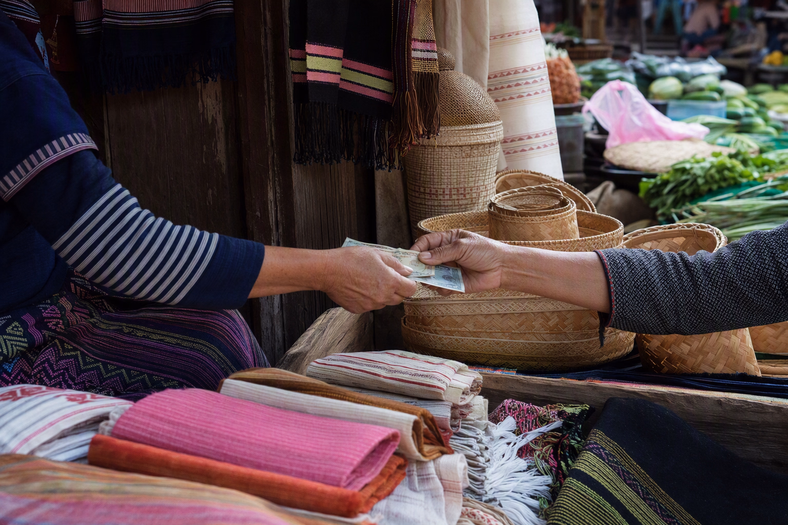 Editorial still life of woven textiles and market craft objects