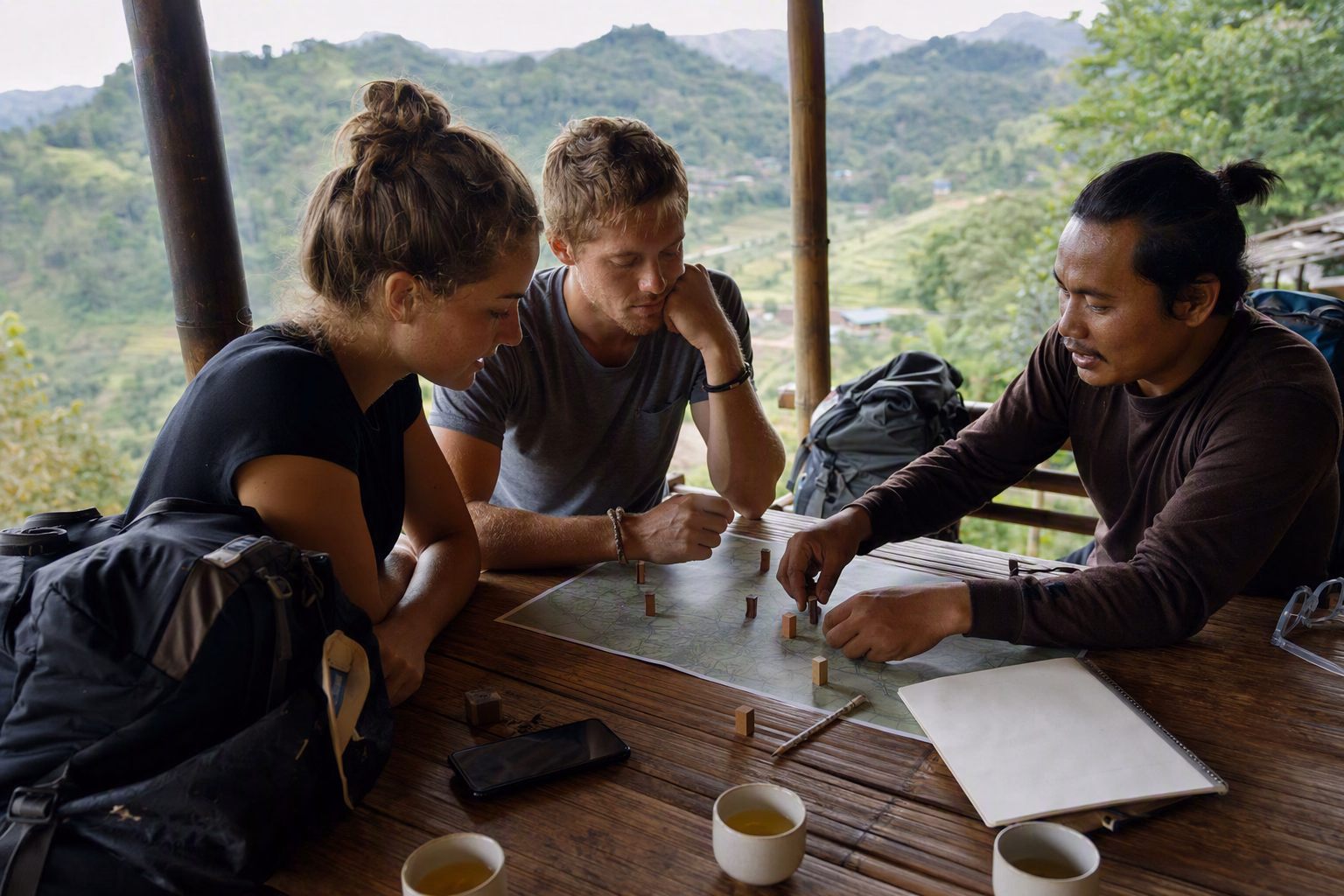 Editorial planning-table artwork for the Custom Tour Plan service