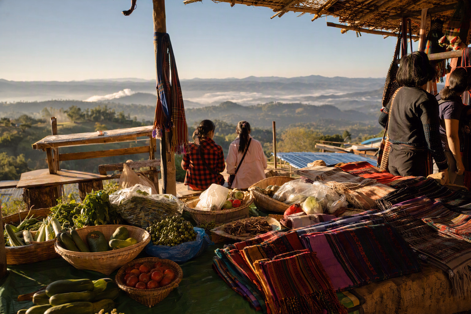 Editorial travel artwork combining a Khagrachari market setting and hill viewpoint